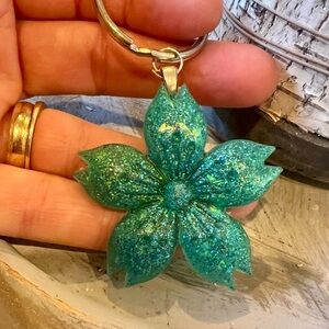 Glittery Blue Flower Keychain